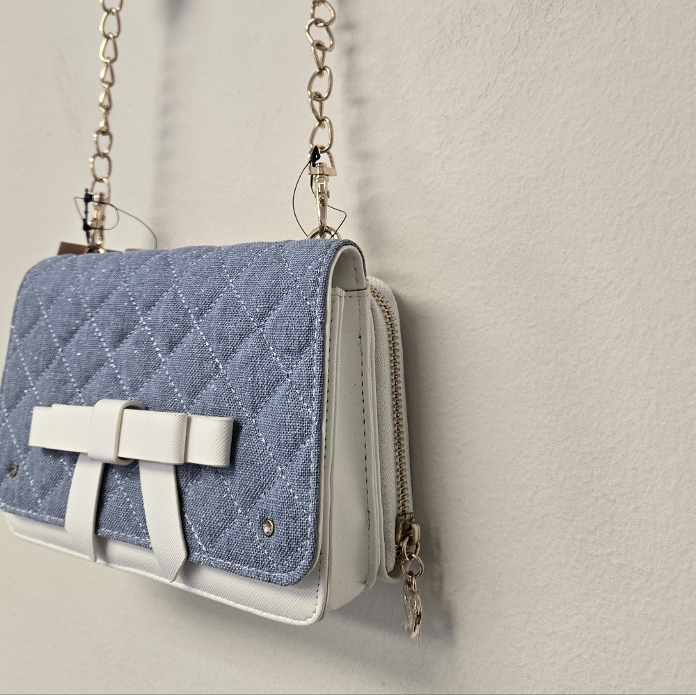 Rabbit Bow Faux Leather Quilted Shoulder crossbody Bag White Blue - Picture 2 of 9